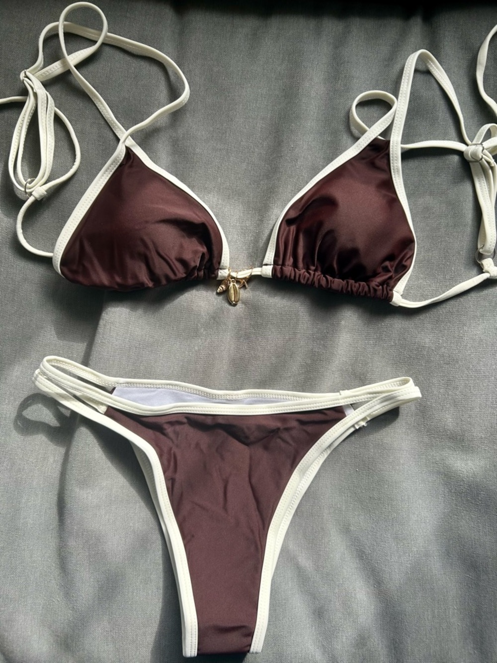 SHEIN Brown Triangle Bikini with White Trim and Gold Accent